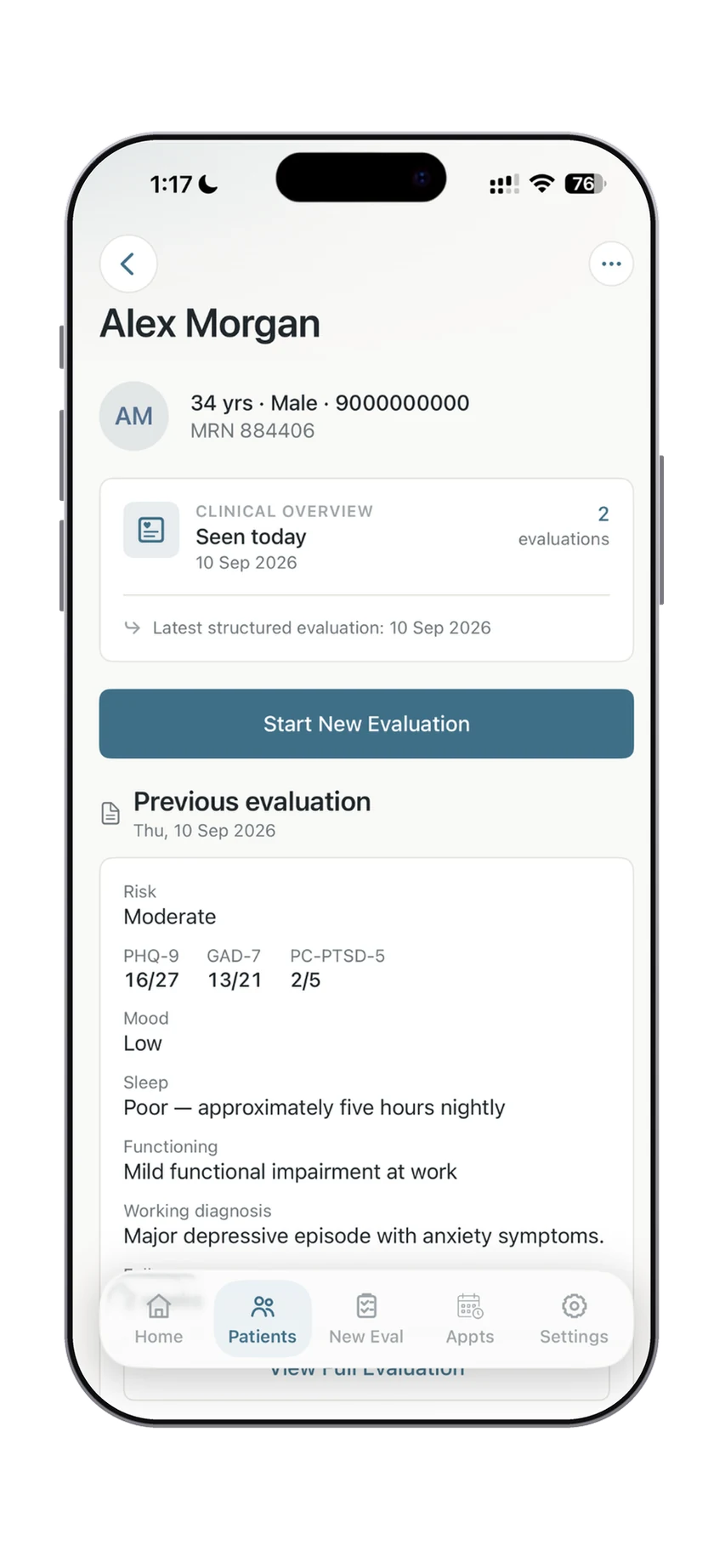 Dr. Notes patient profile for the fictional patient Alex Morgan, showing previous evaluation information