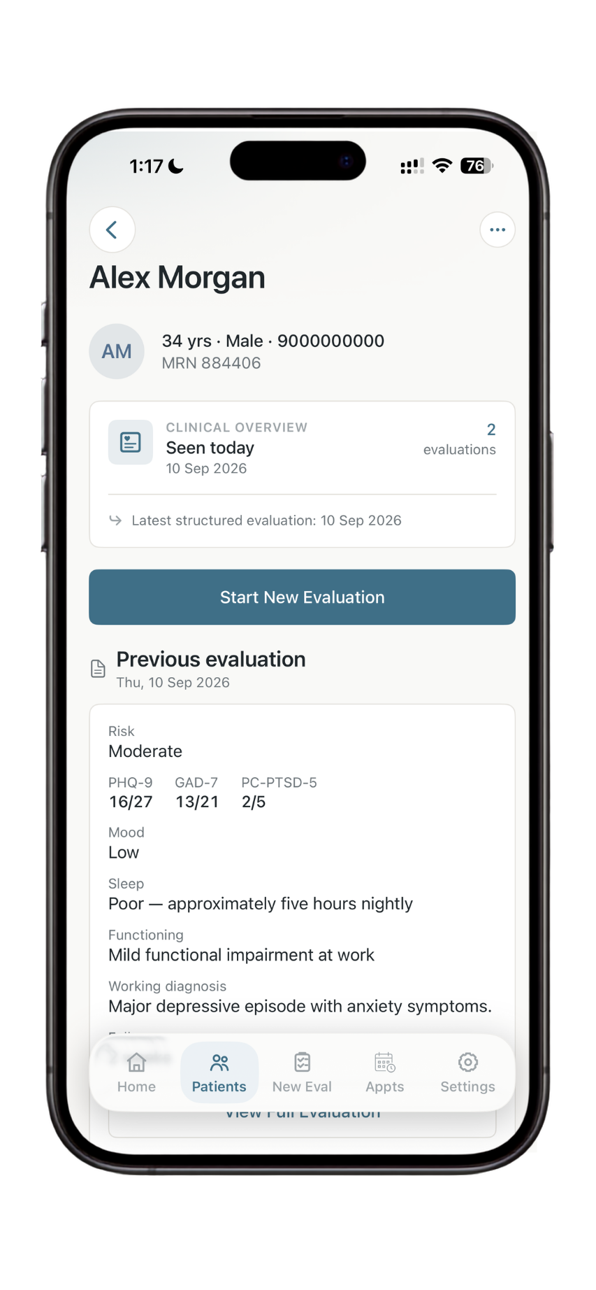Dr. Notes patient profile for the fictional patient Alex Morgan, showing previous evaluation information