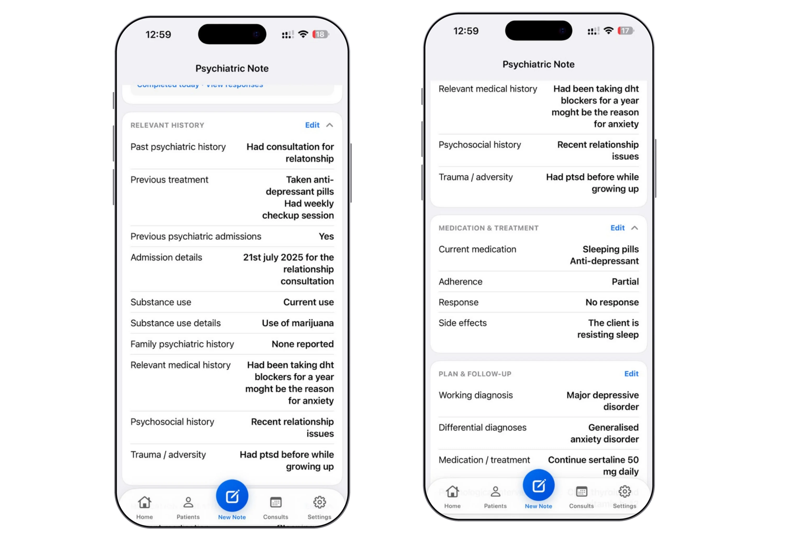 Dr. Notes Psychiatric Evaluator prototype showing existing patient history, medication response and previous treatment plan