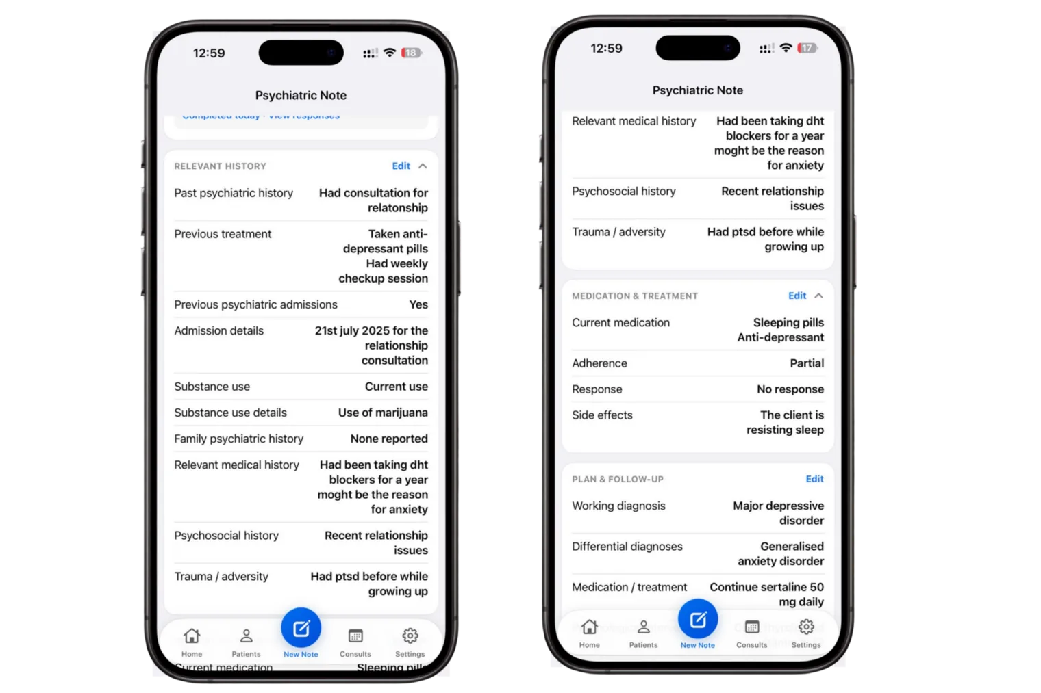 Dr. Notes Psychiatric Evaluator prototype showing existing patient history, medication response and previous treatment plan