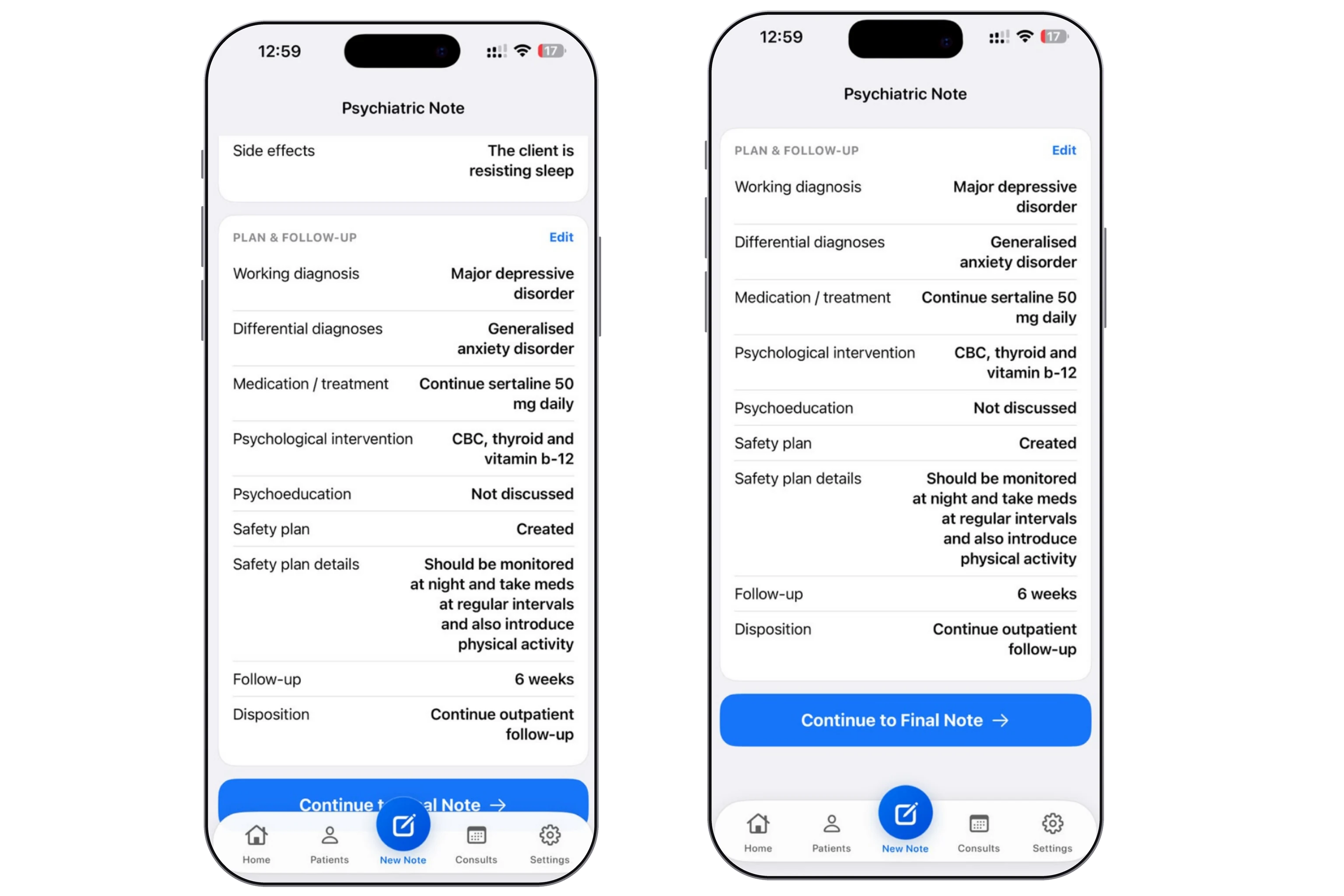 Dr. Notes Psychiatric Evaluator prototype showing final plan, follow-up review and continuation to the completed clinical note