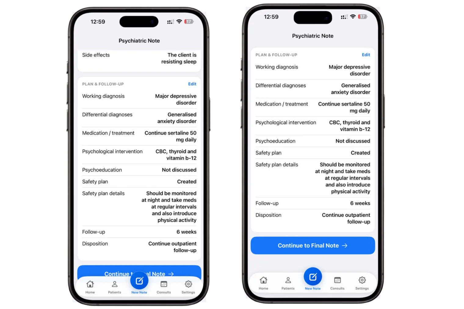Dr. Notes Psychiatric Evaluator prototype showing final plan, follow-up review and continuation to the completed clinical note
