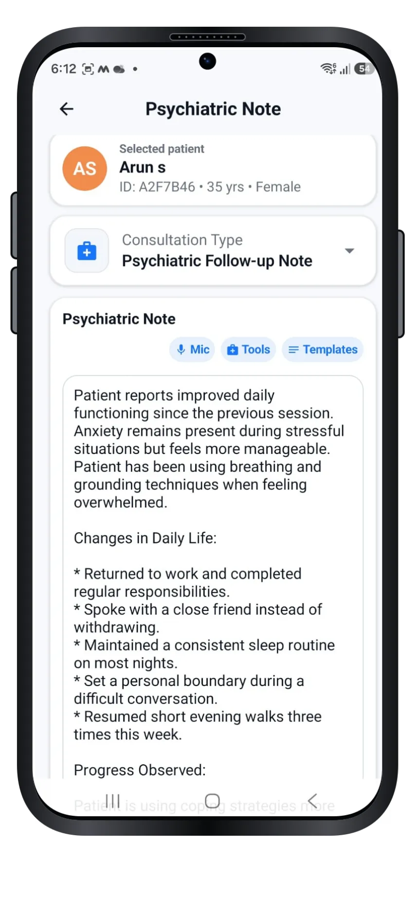 Dr. Notes follow-up clinical note documenting improvements in the patient’s daily functioning