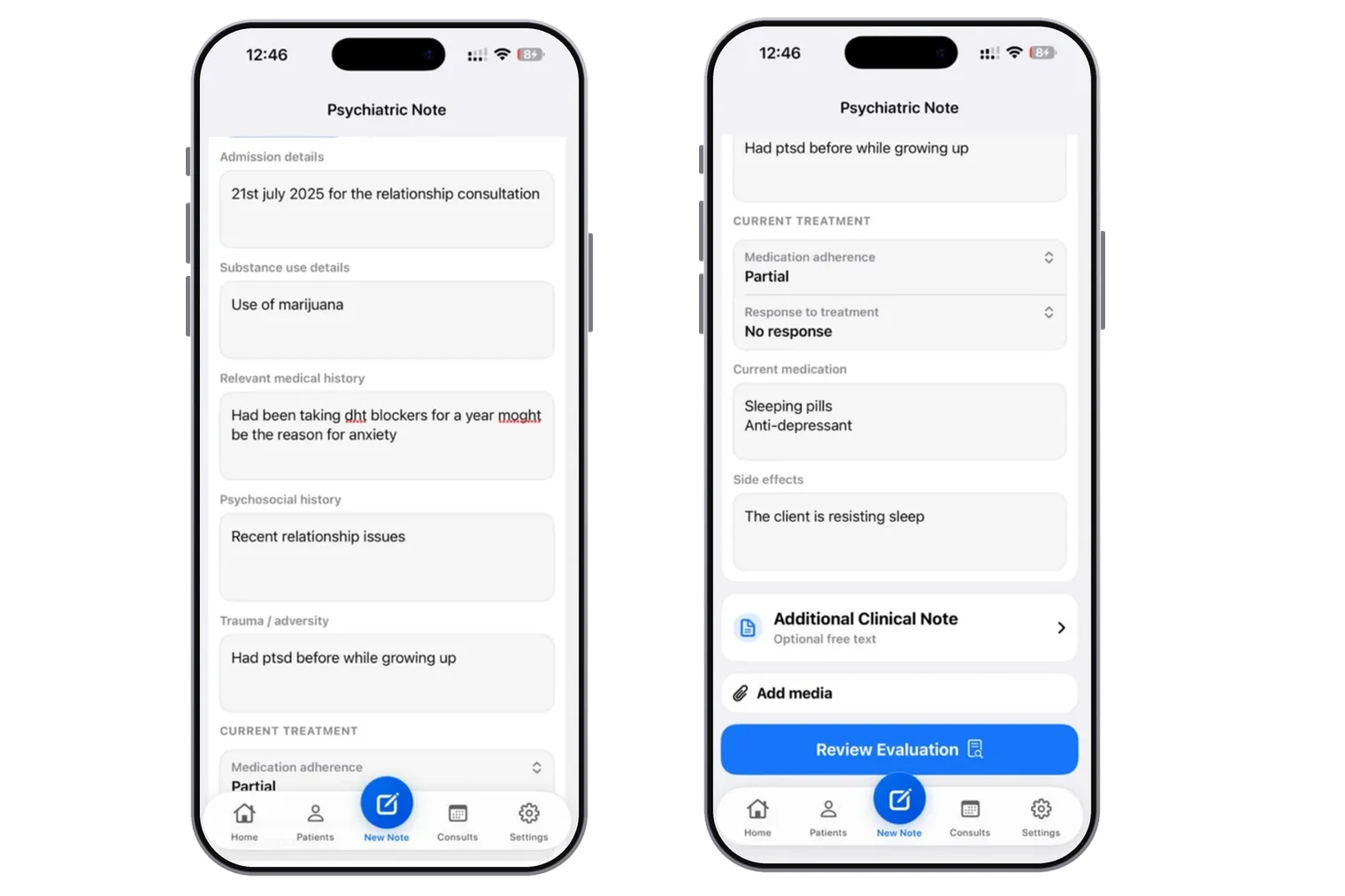 Dr. Notes Psychiatric Evaluator prototype showing detailed patient history and current treatment reviewed before a follow-up consultation