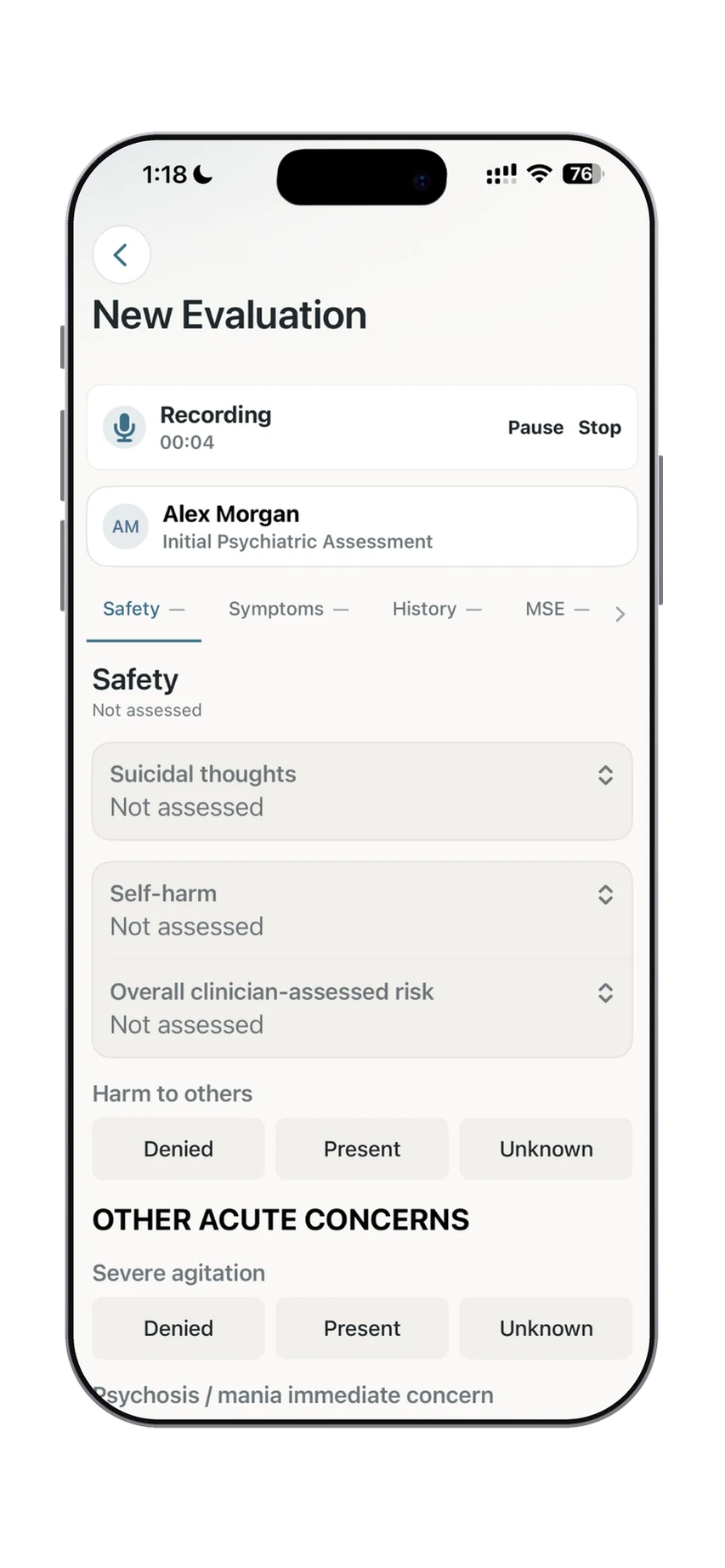 Dr. Notes psychiatric evaluation screen showing fields for suicidal thoughts and other safety concerns