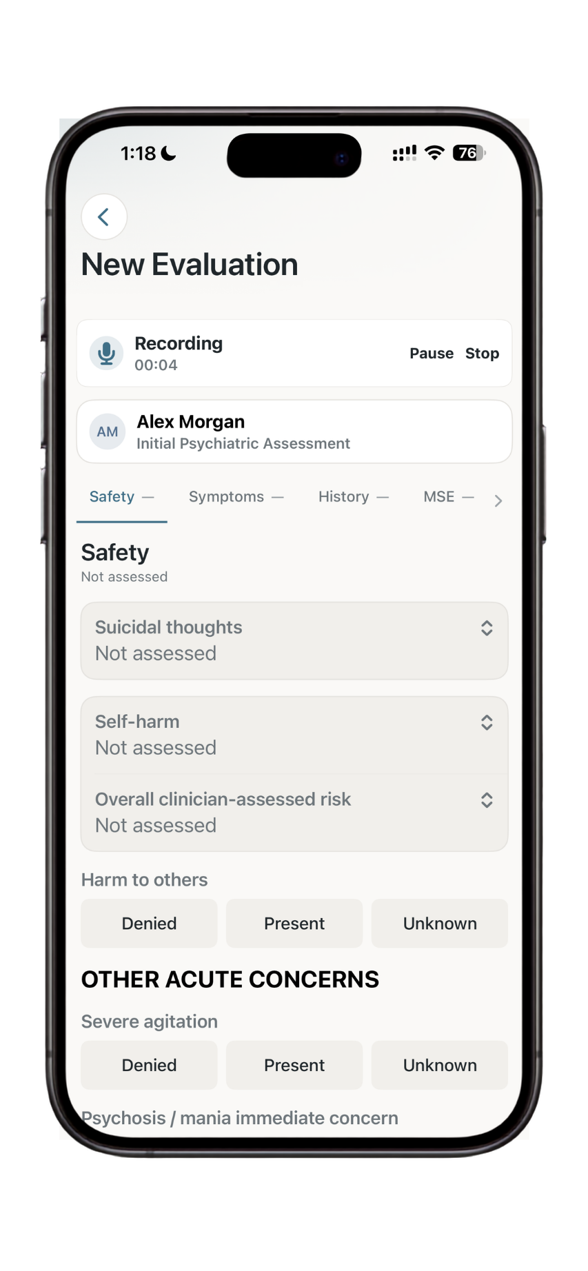 Dr. Notes psychiatric evaluation screen showing fields for suicidal thoughts and other safety concerns