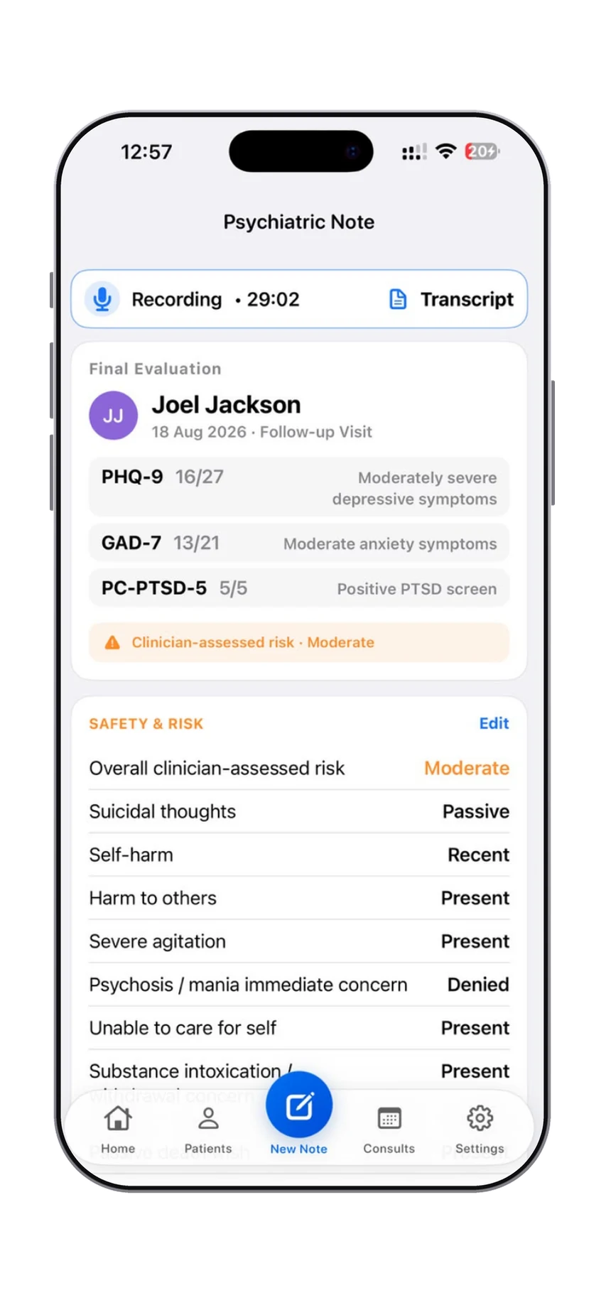 Dr. Notes Psychiatric Evaluator prototype showing consultation recording status and transcript access