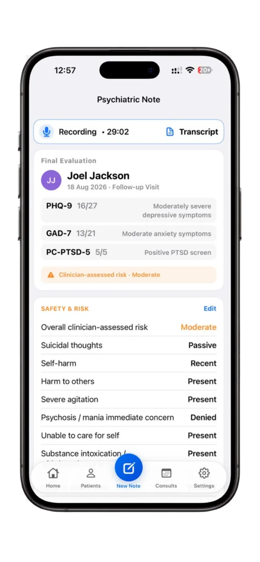 Dr. Notes Psychiatric Evaluator prototype showing consultation recording status and transcript access