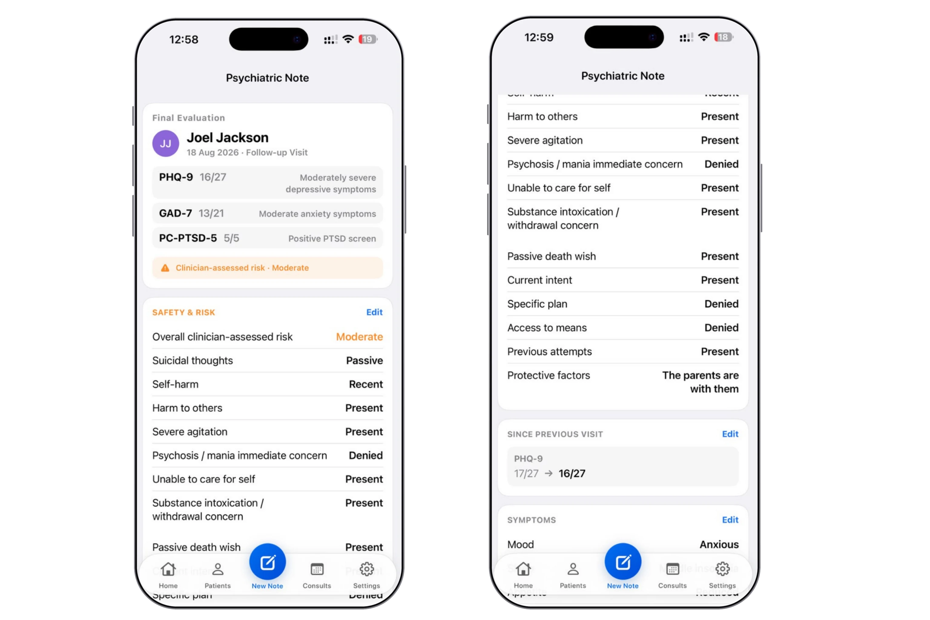 Dr. Notes Psychiatric Evaluator prototype showing evaluation summary, clinician-assessed risk, safety review and protective factors