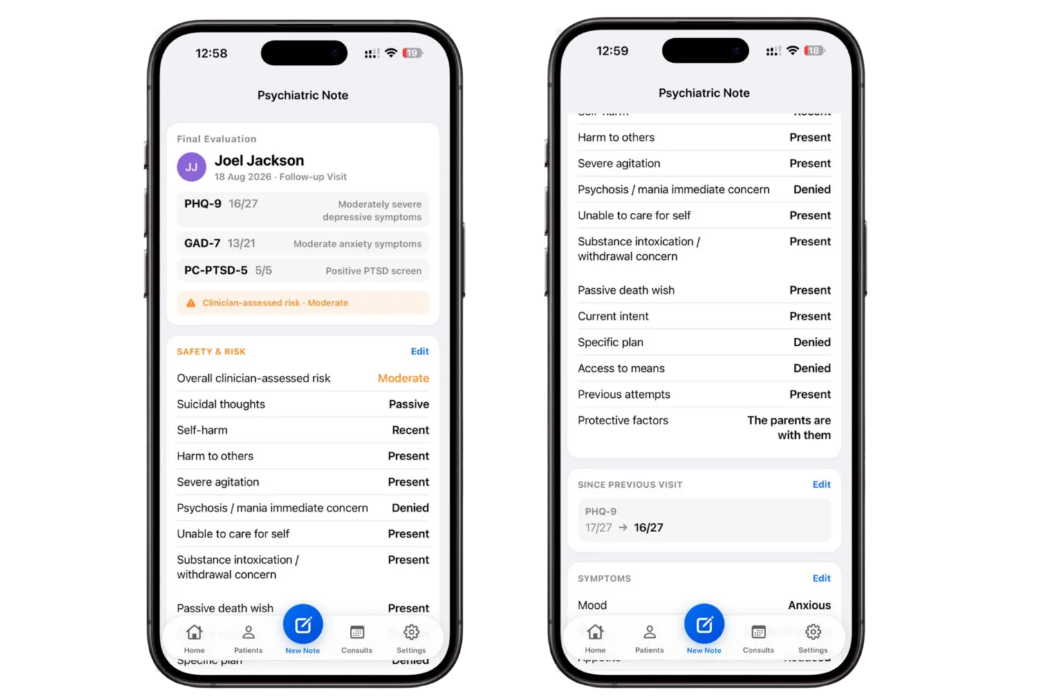Dr. Notes Psychiatric Evaluator prototype showing evaluation summary, clinician-assessed risk, safety review and protective factors