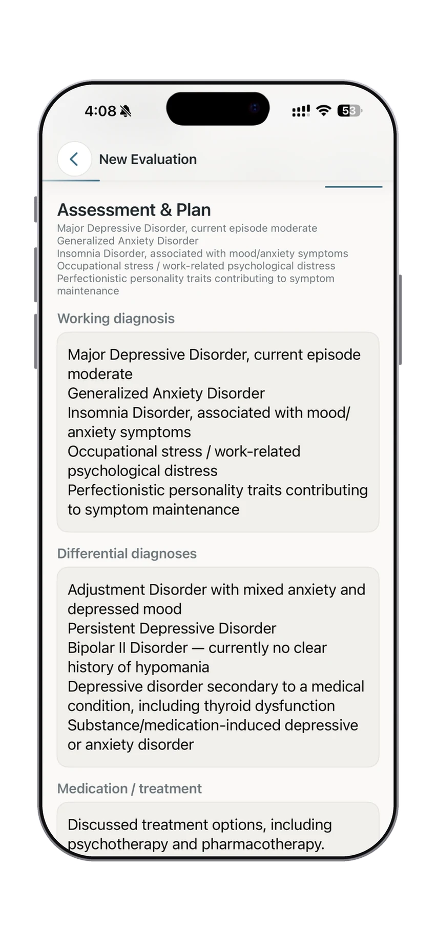 Dr. Notes assessment and plan section showing the psychiatrist’s clinical formulation