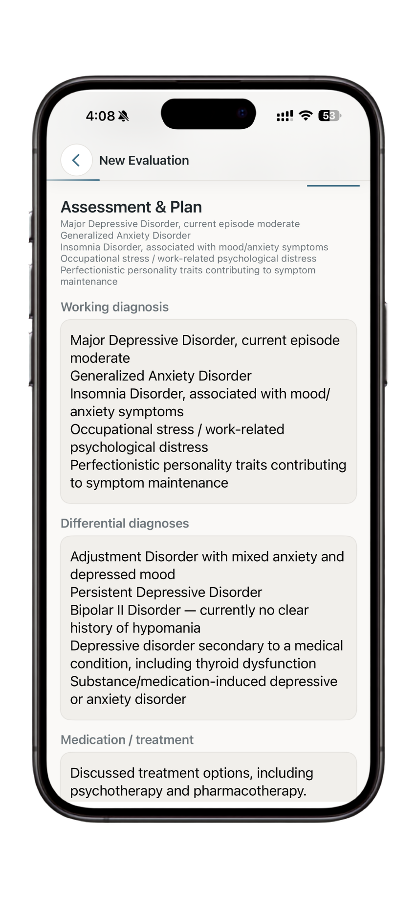 Dr. Notes assessment and plan section showing the psychiatrist’s clinical formulation