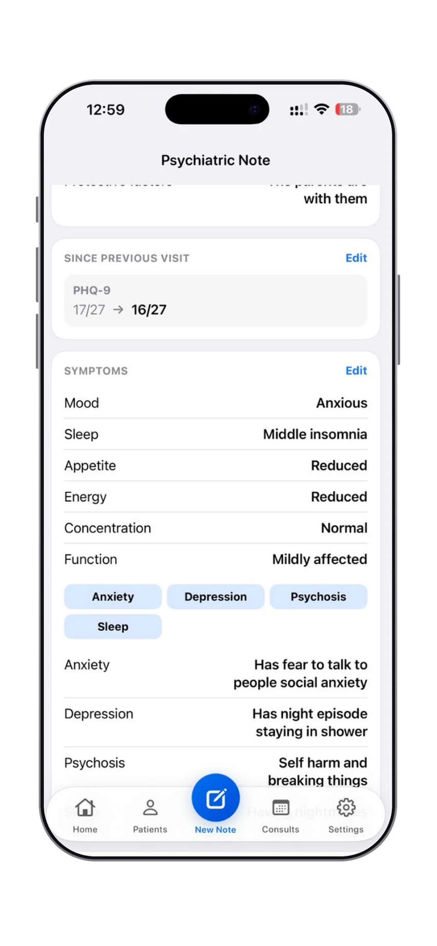 Dr. Notes Psychiatric Evaluator prototype comparing current and previous PHQ-9 scores