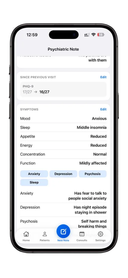 Dr. Notes Psychiatric Evaluator prototype comparing current and previous PHQ-9 scores