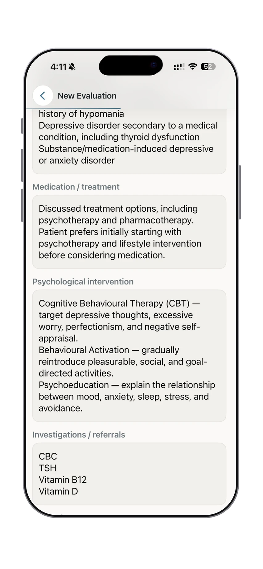 Dr. Notes evaluation showing treatment and follow-up planning