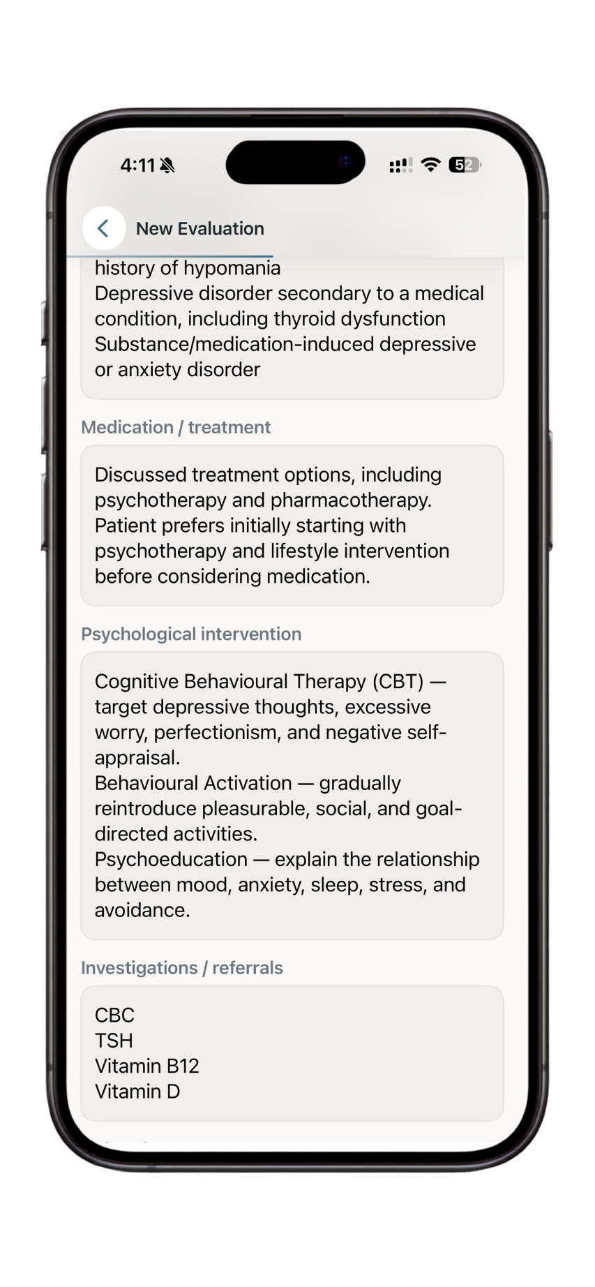 Dr. Notes evaluation showing treatment and follow-up planning