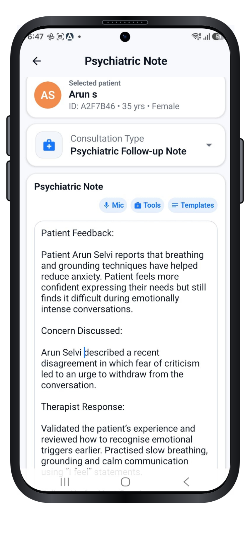 Dr. Notes follow-up clinical note documenting honest conversations within the therapeutic relationship