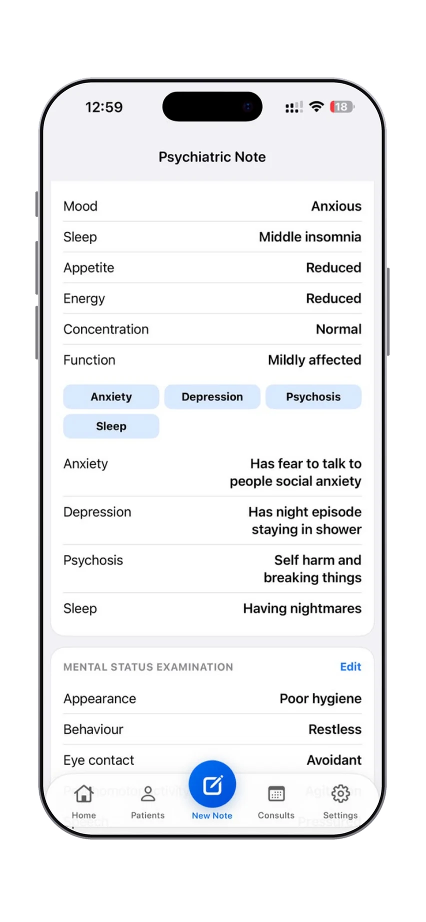 Dr. Notes Psychiatric Evaluator prototype documenting psychiatric symptoms, daily functioning and narrative details