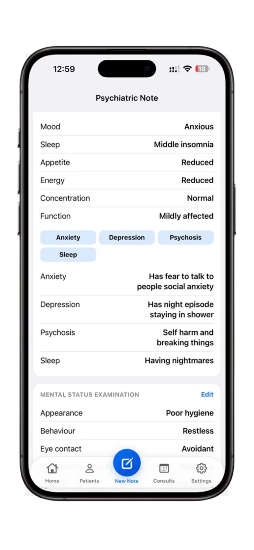 Dr. Notes Psychiatric Evaluator prototype documenting psychiatric symptoms, daily functioning and narrative details
