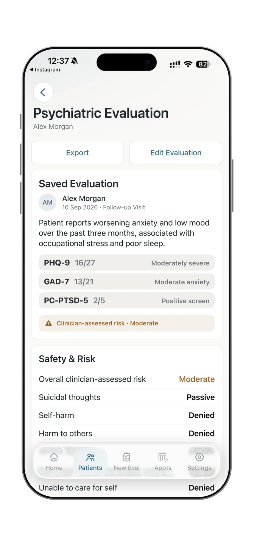 Dr. Notes final review screen summarising the psychiatric evaluation and safety findings