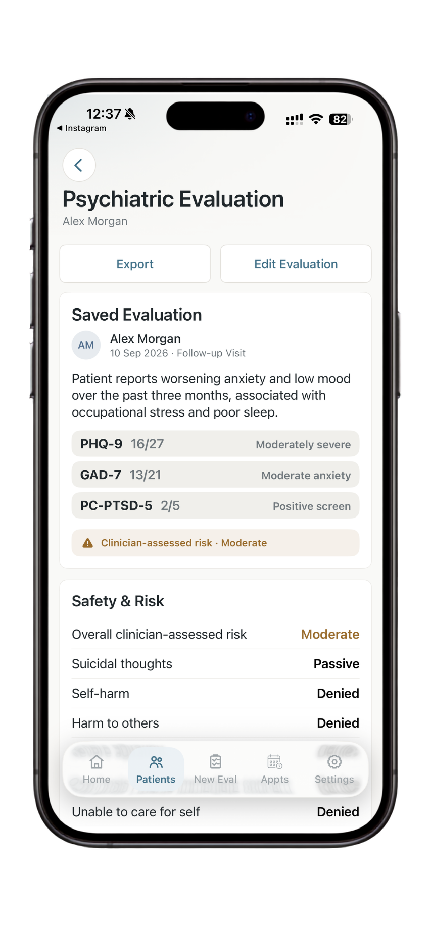 Dr. Notes final review screen summarising the psychiatric evaluation and safety findings