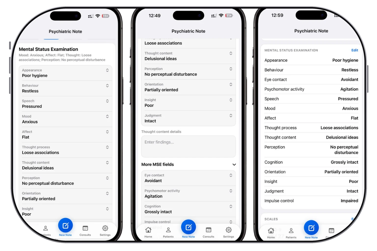 Dr. Notes Psychiatric Evaluator prototype showing Mental Status Examination fields, additional MSE domains and completed review