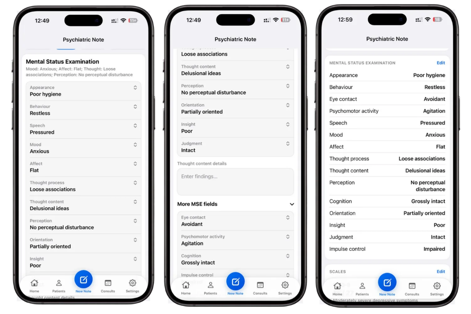 Dr. Notes Psychiatric Evaluator prototype showing Mental Status Examination fields, additional MSE domains and completed review