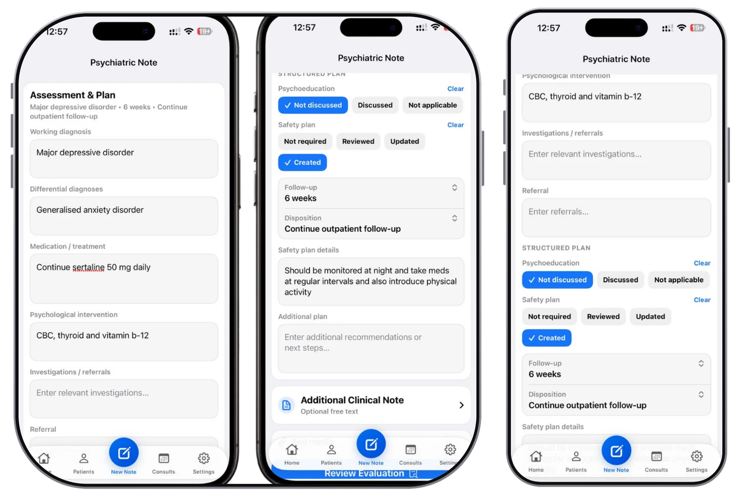 Dr. Notes Psychiatric Evaluator prototype showing diagnosis, treatment planning, structured follow-up and safety-plan recommendations