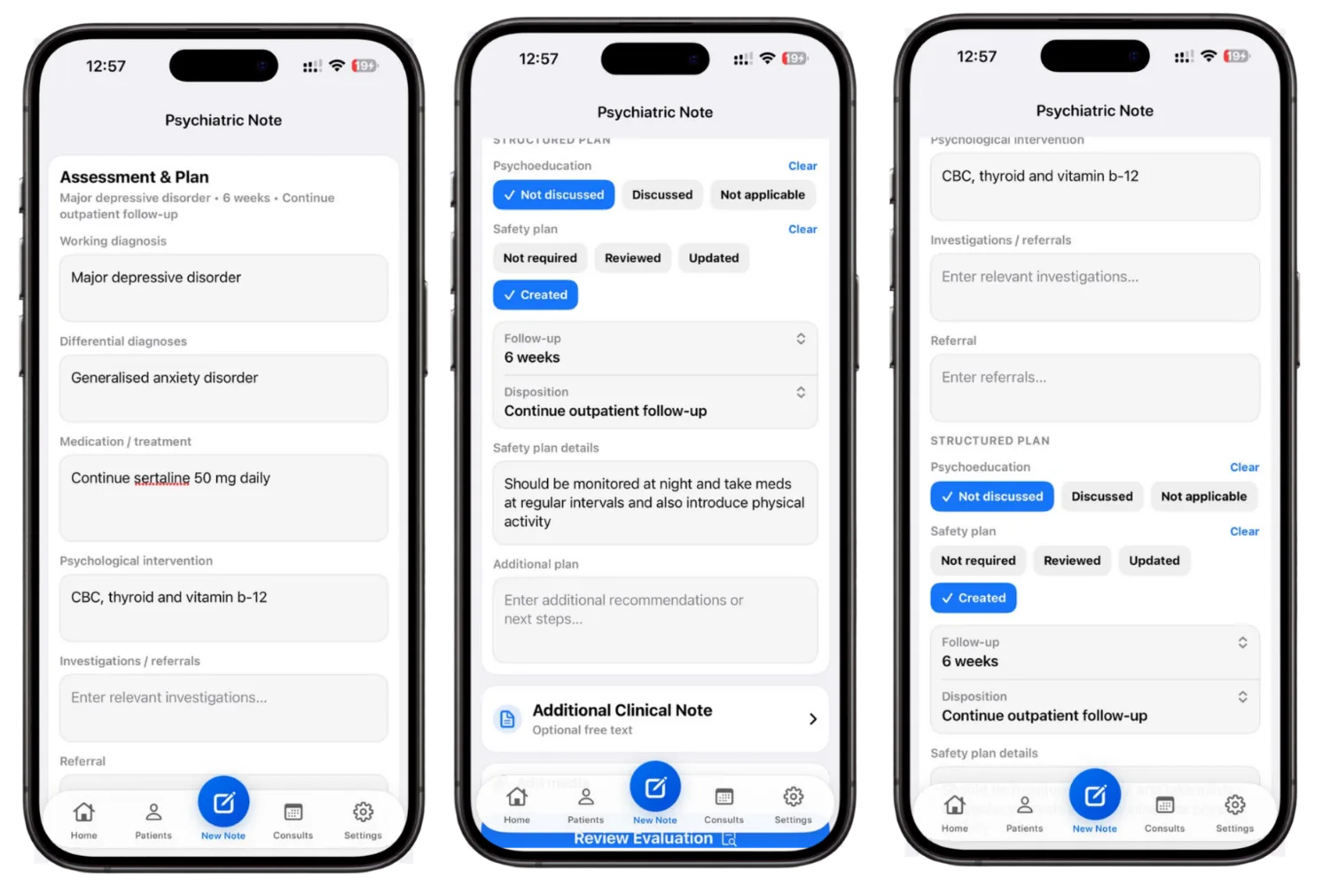 Dr. Notes Psychiatric Evaluator prototype showing diagnosis, treatment planning, structured follow-up and safety-plan recommendations