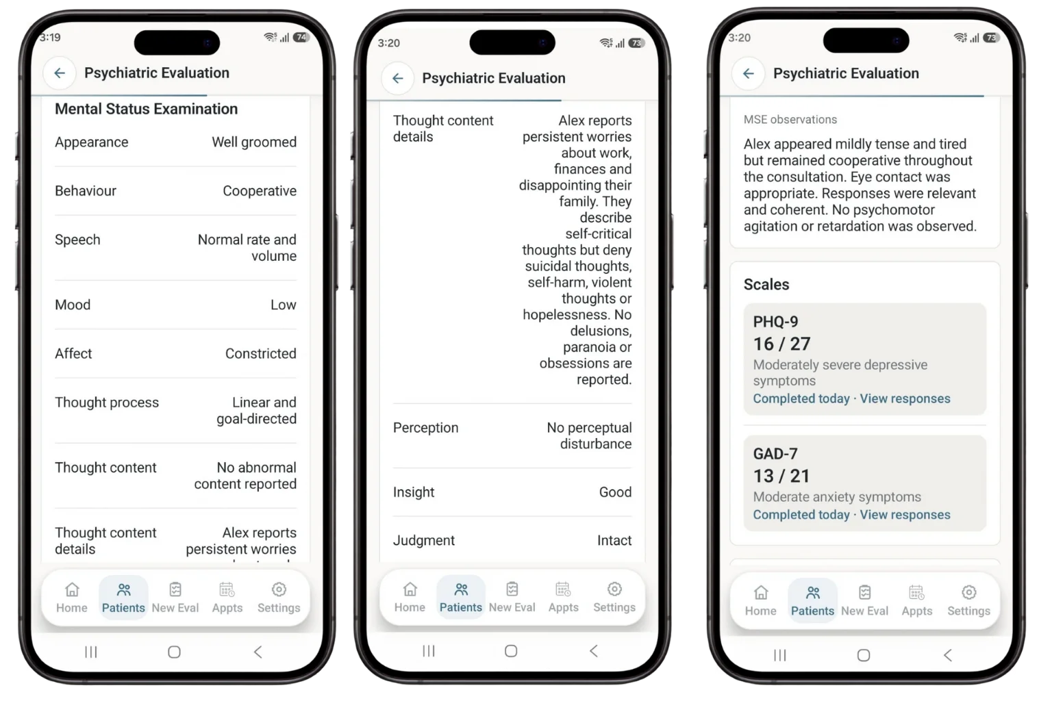 Dr. Notes screenshots showing Alex Morgan's initial Mental Status Examination and baseline PHQ-9 and GAD-7 scores