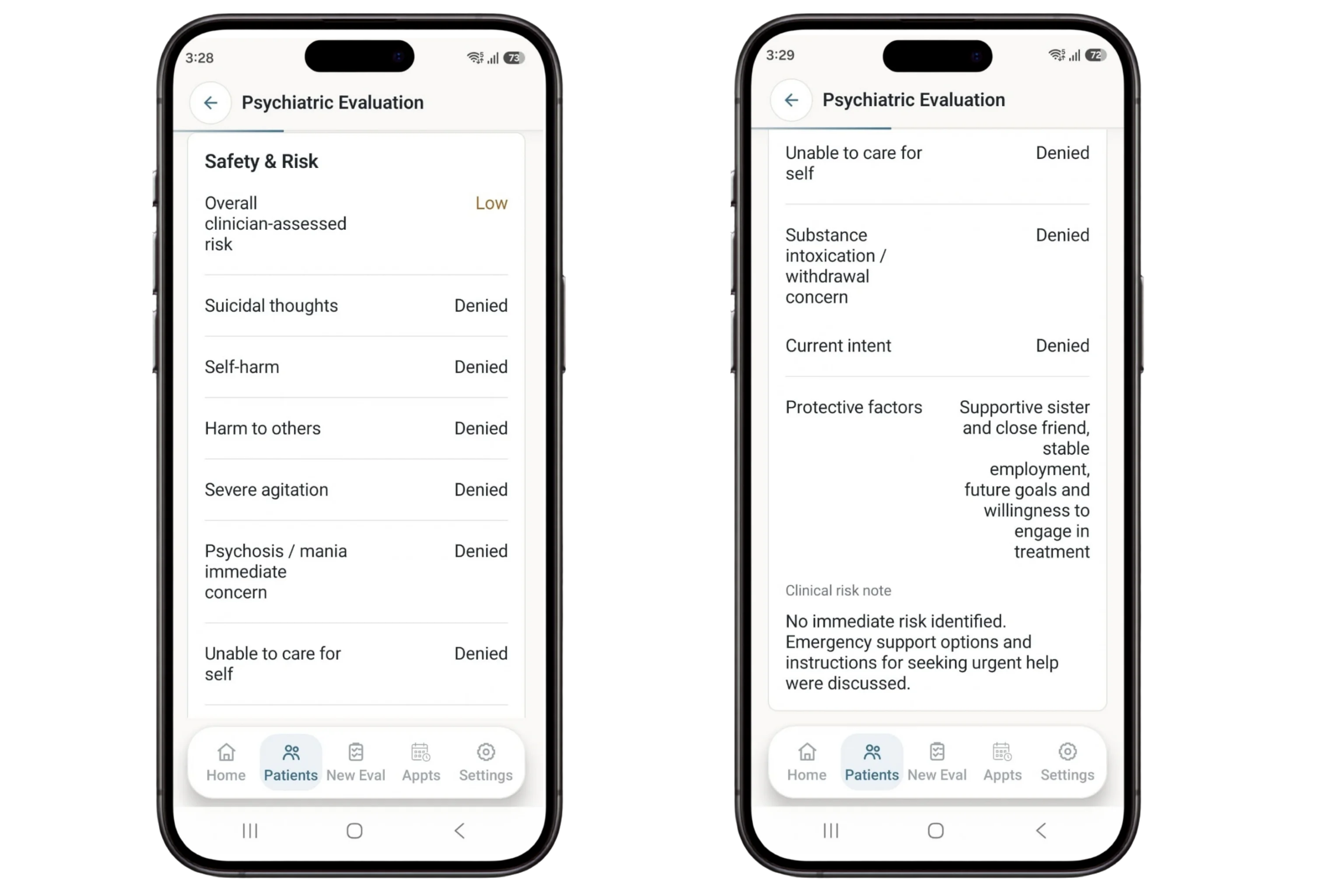 Dr. Notes screenshots showing Alex Morgan's low-risk safety assessment, denied suicidal thoughts and documented protective factors
