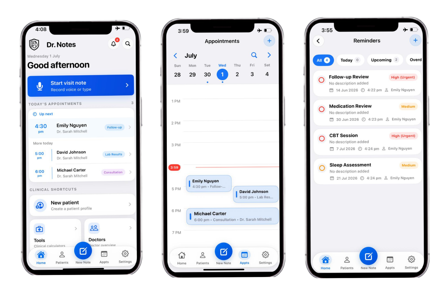 Appointments, reminders and daily psychiatry workflow in Dr. Notes