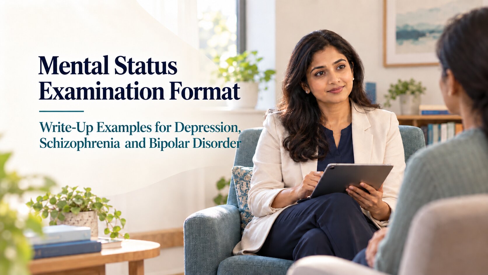 Mental Status Examination format with write-up examples for depression, schizophrenia and bipolar disorder
