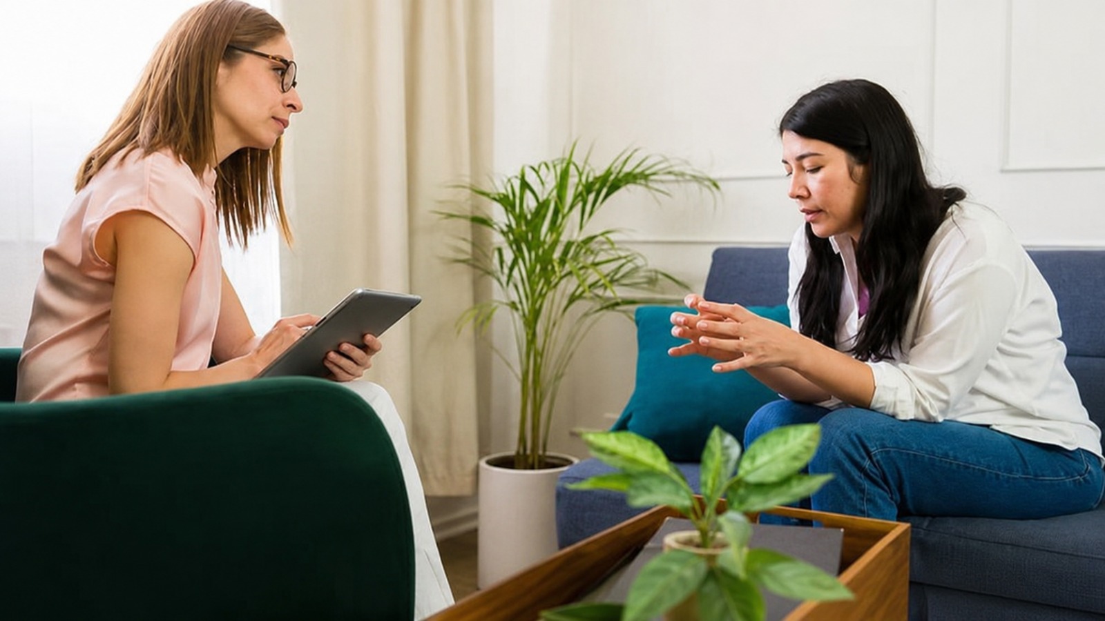 Psychiatrist listening to a patient during a consultation