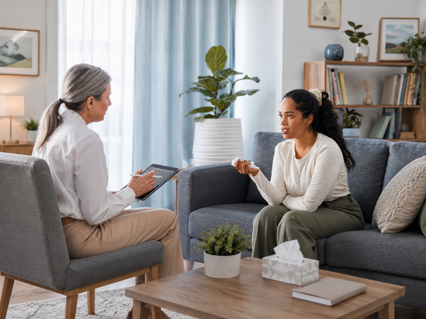 Psychiatrist speaking with a patient during a therapy session