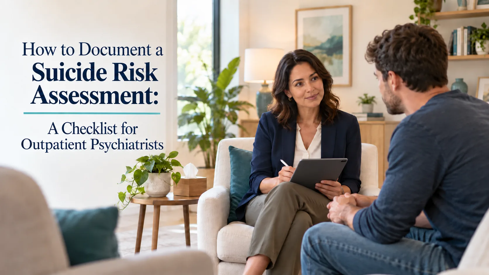 Psychiatrist documenting a suicide risk assessment during an outpatient consultation