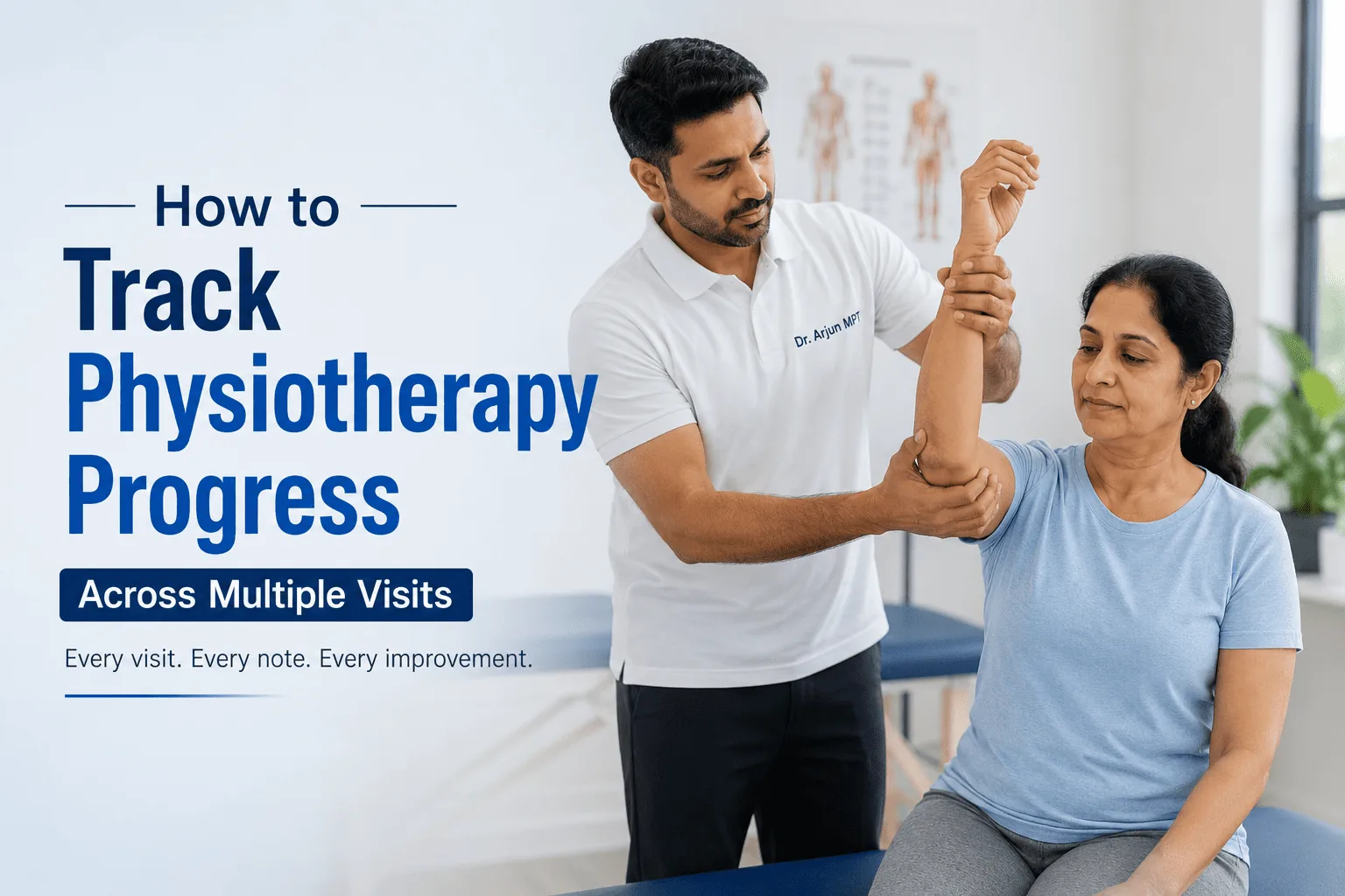 Physiotherapist helping a patient track recovery progress across multiple visits