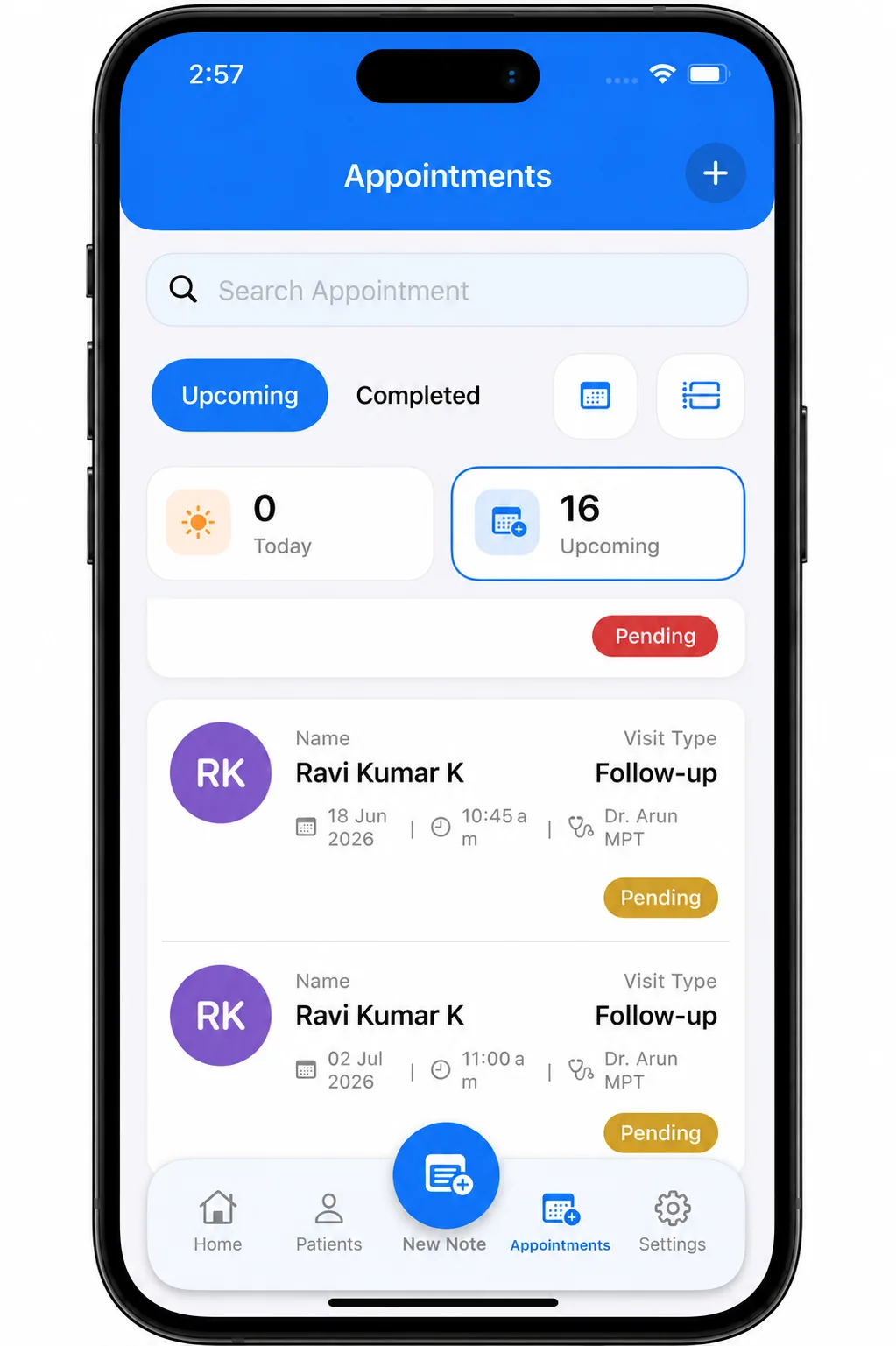 Appointments screen in Dr. Notes
