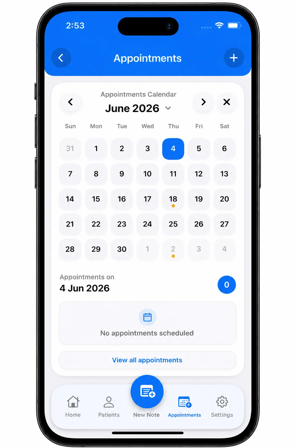 Follow-up appointment calendar in Dr. Notes
