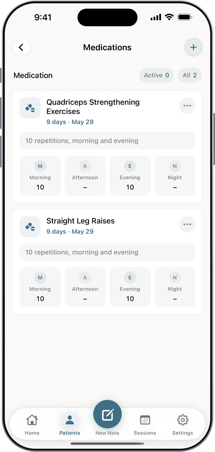 Home exercise plan with repetitions and duration in Dr. Notes