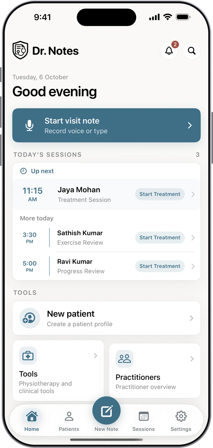 Dr. Notes home dashboard showing recalls and appointments