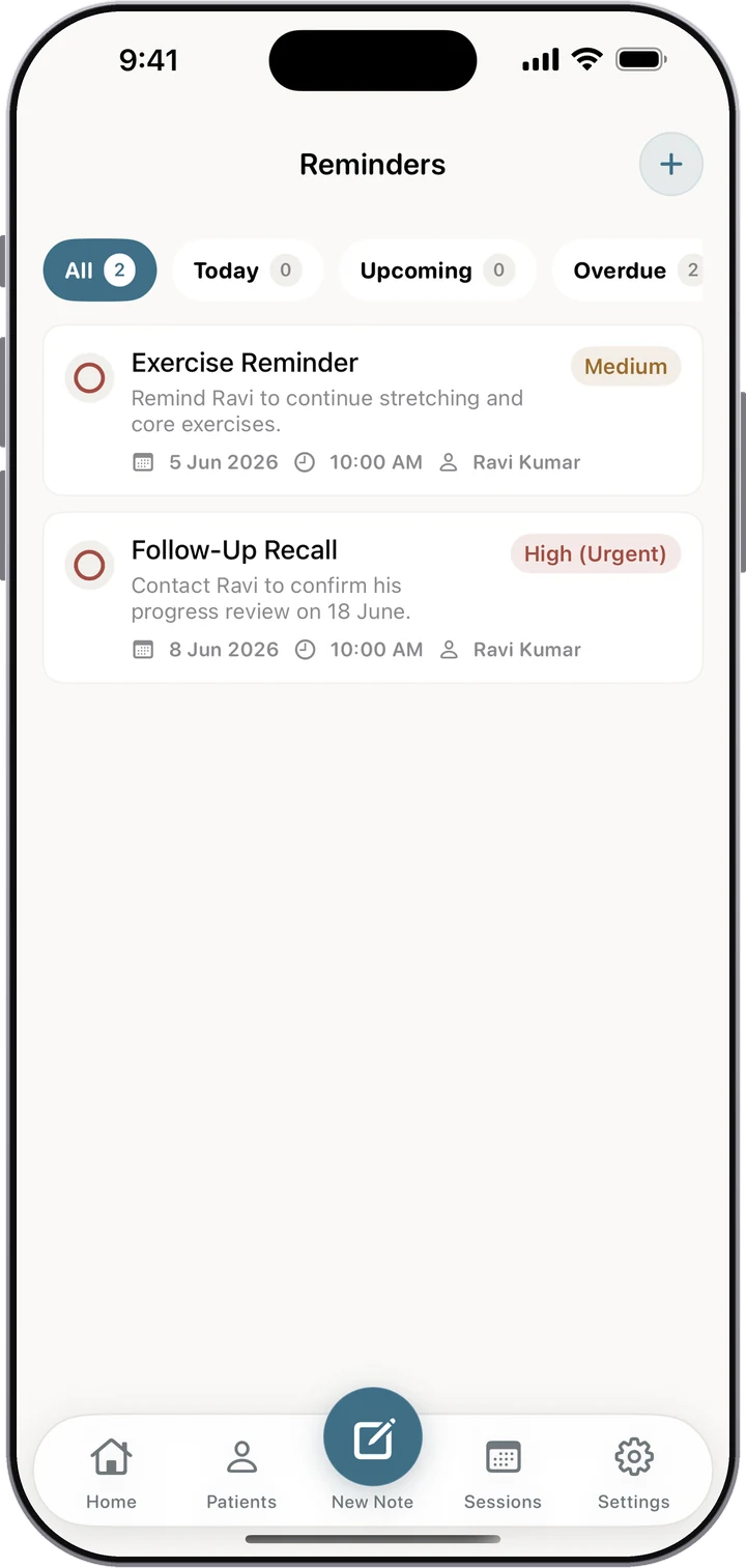 Reminder screen in Dr. Notes