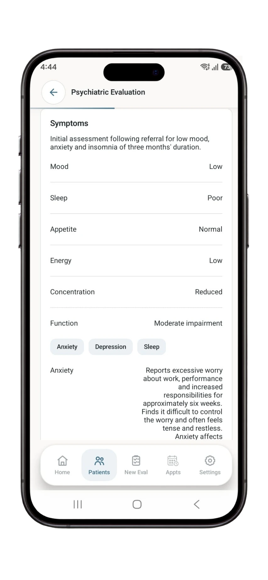 Dr. Notes psychiatric evaluation showing current symptoms, duration and effect on daily functioning