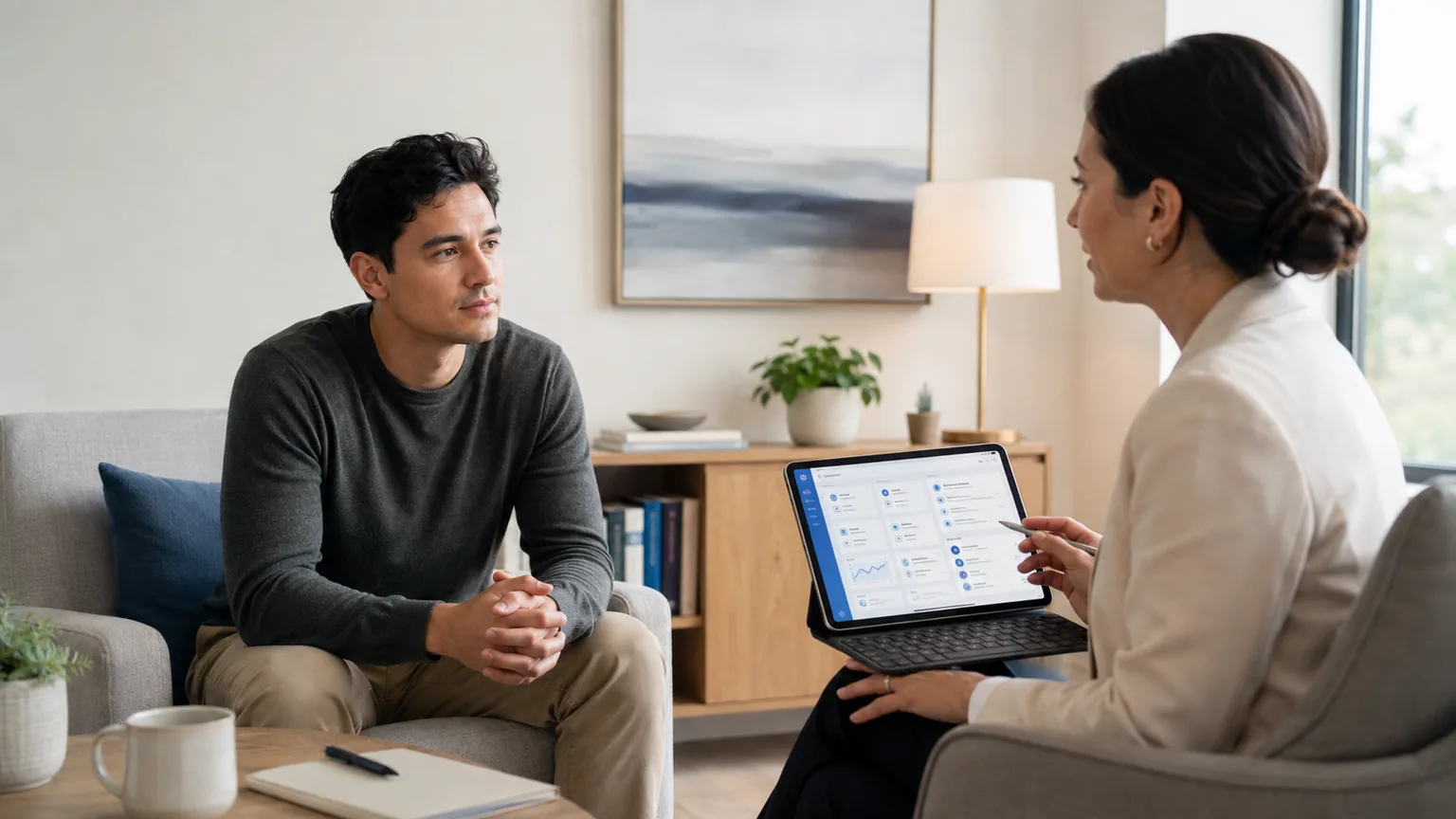 Psychiatric evaluator speaking with a patient while reviewing a structured clinical evaluation on a tablet