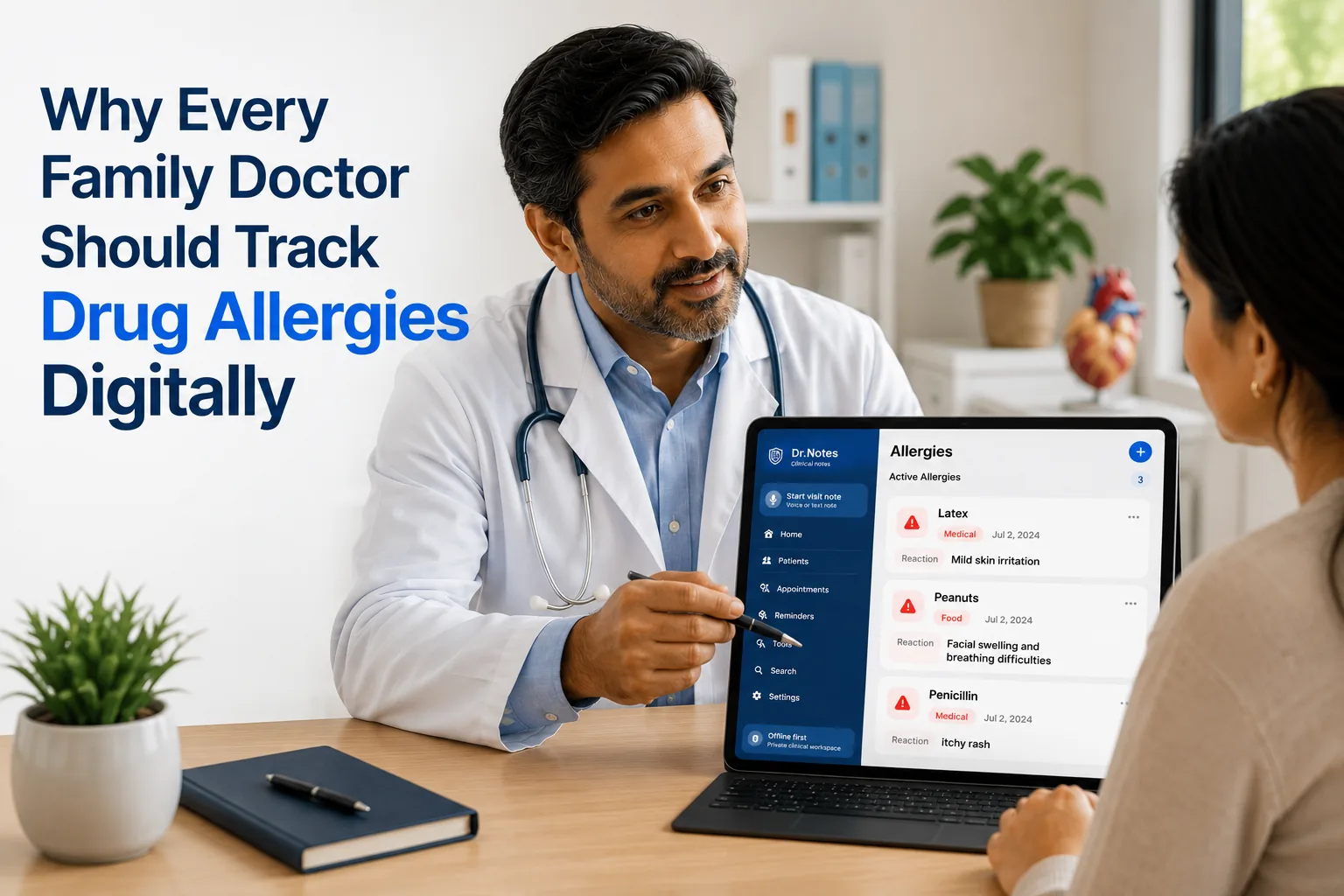 Family doctor reviewing a patient’s drug allergy history digitally using Dr. Notes