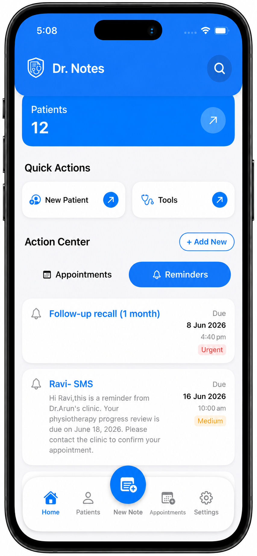 Action Center dashboard in Dr. Notes