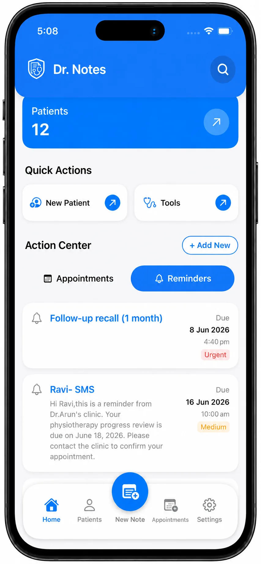 Action Center dashboard in Dr. Notes