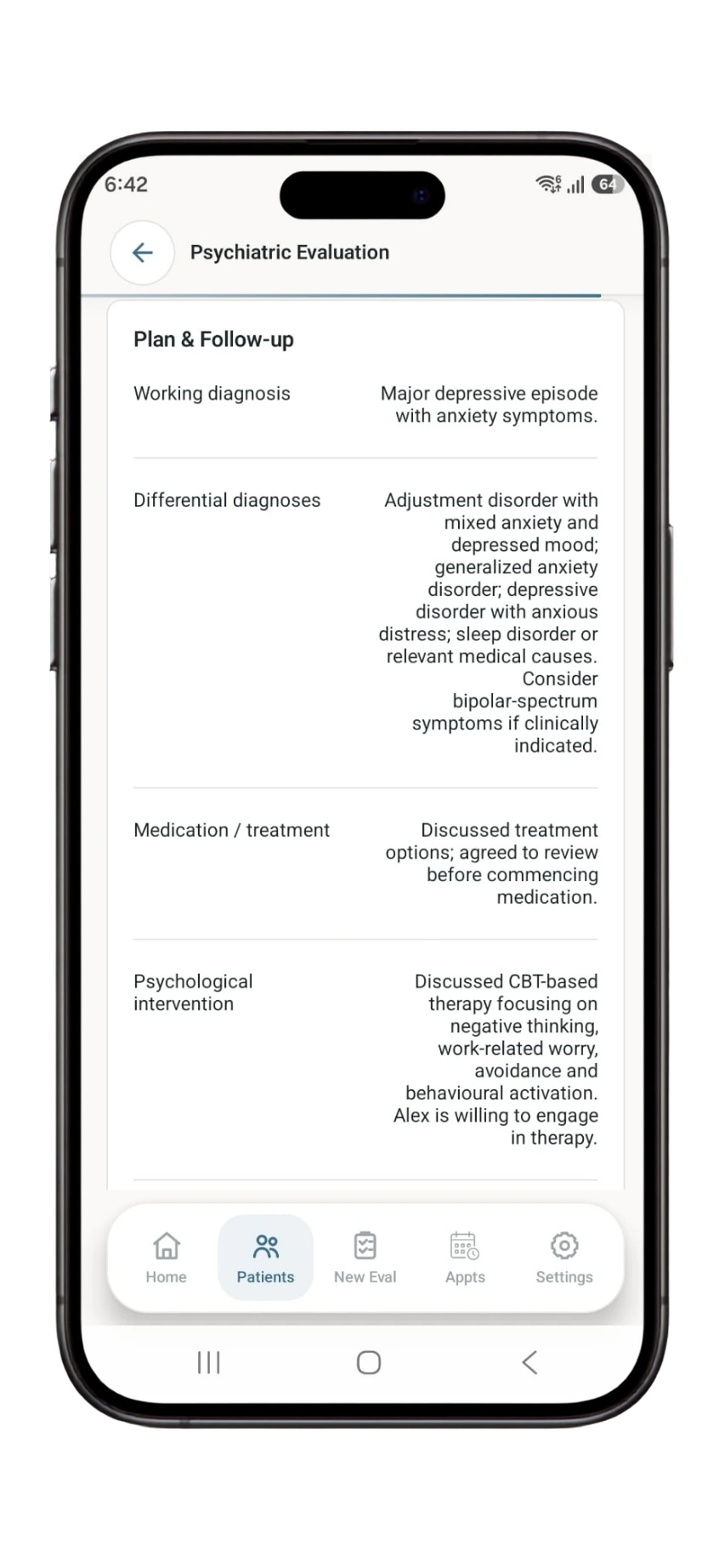 Dr. Notes psychiatric evaluation showing working diagnosis, differential diagnoses, medication and psychological intervention plan