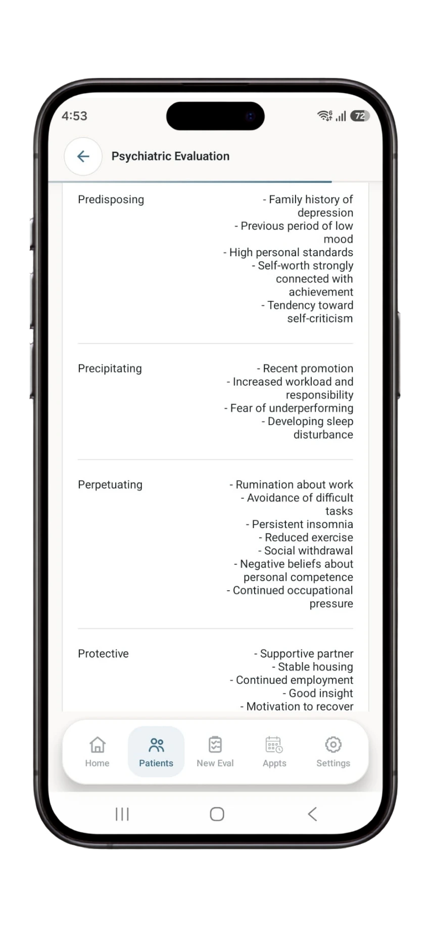 Dr. Notes psychiatric formulation showing predisposing, precipitating, perpetuating and protective factors