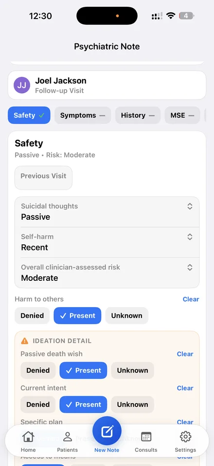 The Safety section of a Dr. Notes psychiatric note, with a Previous Visit button, overall clinician-assessed risk set to Moderate, suicidal thoughts recorded as passive, and the ideation detail questions open below.